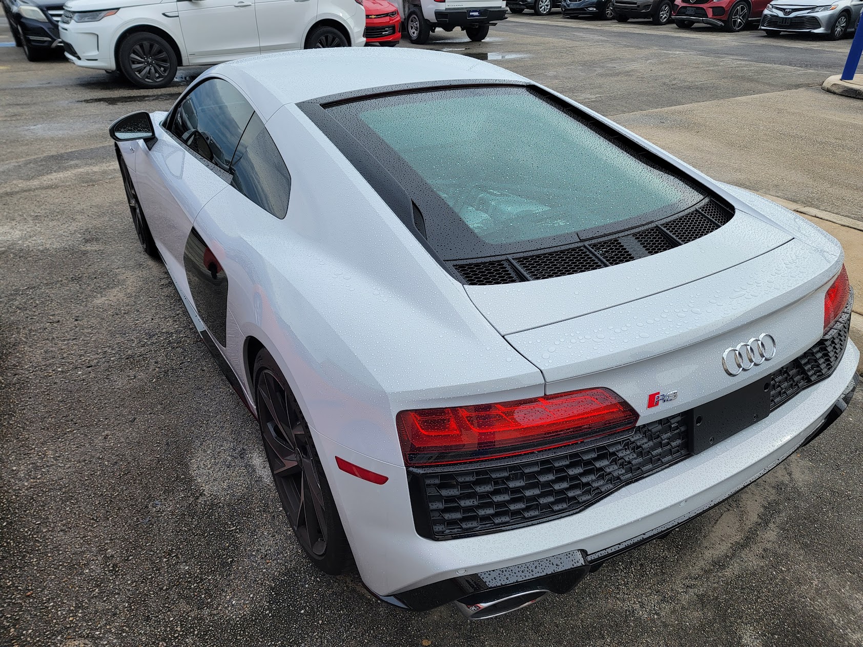 White Audi R8 photographed from the rear