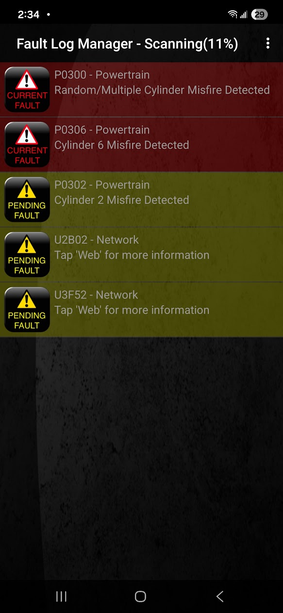 Fault log manager diagnostic screenshot